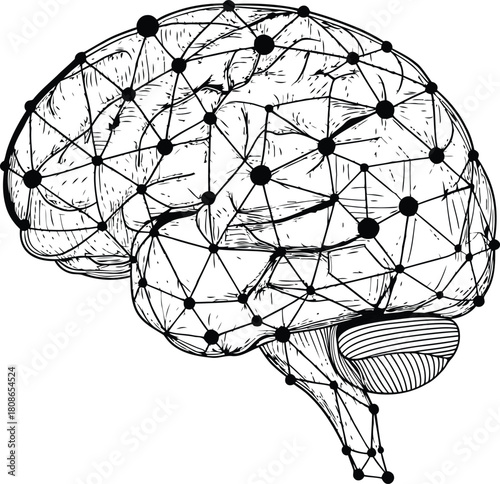 A brain with geometric shapes, stars, and a planet floating above it in black and white