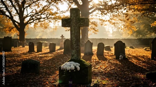 Serene cemetery scene during sunset with ancient crosses and tombstones surrounded by autumn trees and fallen leaves