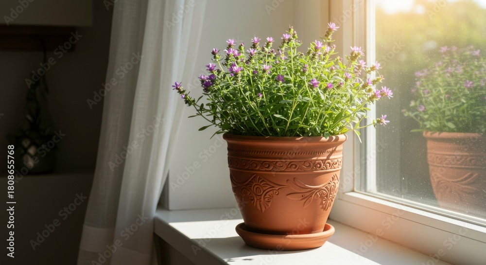 Fototapeta premium Blooming lavender in a terracotta pot on a sunlit windowsill creating a serene indoor garden