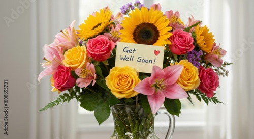 Beautiful Get Well Soon Flower Bouquet with Sunflowers, Roses, and Lilies