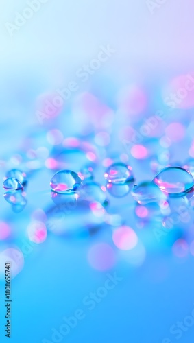 Water droplets on a surface with pink and blue bokeh creating a dreamy aesthetic vibe