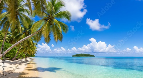 Fototapeta Naklejka Na Ścianę i Meble -  Tropical paradise beach with palm trees, clear ocean, and island