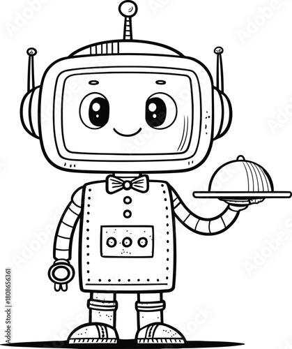 A cartoon robot waiter with a bow tie holding a covered dish on a tray in black and white outline