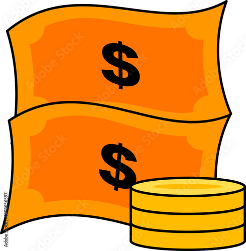 Illustration of Paper Bills and Coins