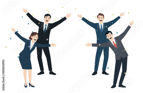 歓迎するスーツ姿のビジネスチームと紙吹雪のイラスト素材