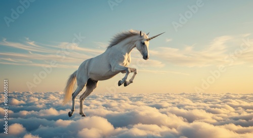 Majestic unicorn leaps above a sea of fluffy clouds at sunset embodying freedom
