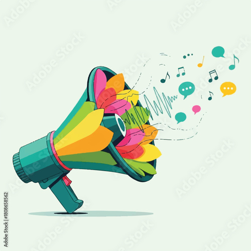 Colorful Megaphone Illustration Emitting Music Notes and Abstract Sound Waves Symbolizing Communication and Creativity
