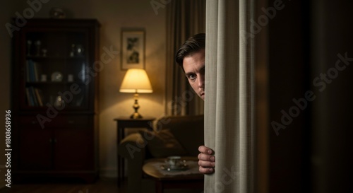 Mysterious man peeking behind curtains in a dimly lit vintage room creating suspense and intrigue