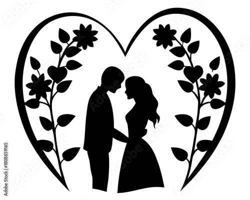 Silhouette of a couple embracing within a heart shaped floral frame with flowers and leaves design on transparent background