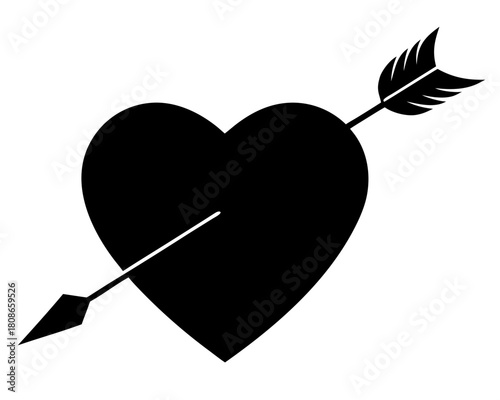 Black heart pierced by an arrow symbolizing love and romance with a classic design and simple illustration on transparent background silhouette