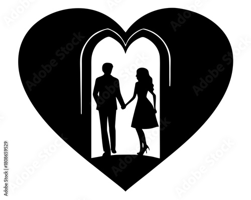 Silhouette of couple holding hands inside a heart shaped archway on a white background showing love scene on transparent background