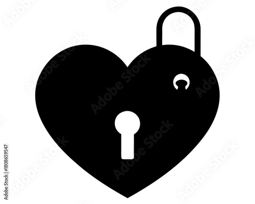 Illustration of a black heart shaped padlock with keyhole and shackle on a white isolated background view on transparent background silhouette
