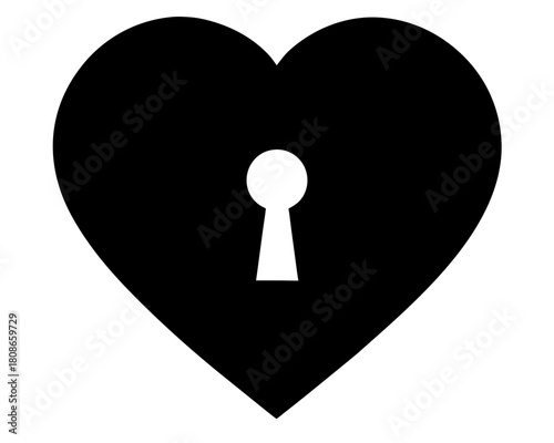 Heart shaped padlock with keyhole in the center in black and white simple vector illustration art on transparent background silhouette