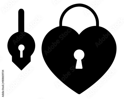 Illustration of a heart shaped padlock with a key to the left side on a white background design element on transparent background silhouette
