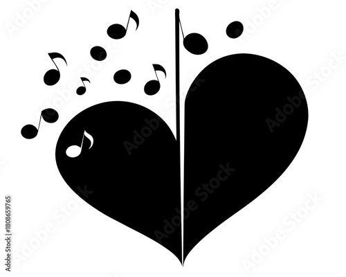Heart shape divided with music notes floating around it in black and white color combination design art on transparent background silhouette
