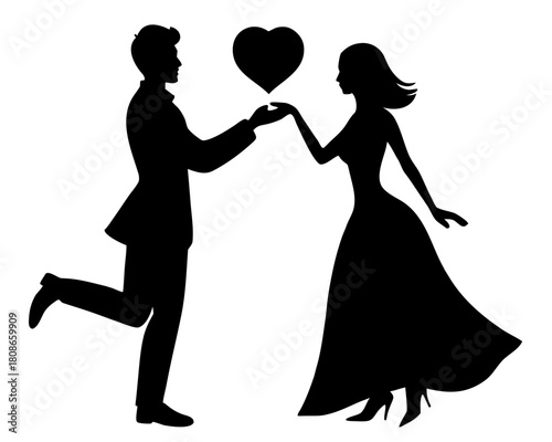 Silhouette of a couple in love with a heart floating between them in a romantic illustration design on transparent background