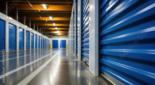 Blue self storage units in a long hallway with a concrete floor