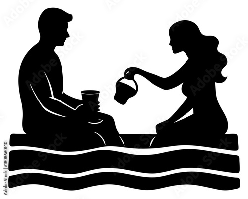 Silhouette of a man and woman in a bath with the woman pouring water from a jug into the bath water scene on transparent background