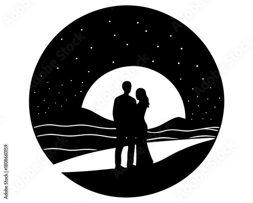 Silhouette of a couple standing against a moonlit sky with stars and hills in an oval frame design on transparent background