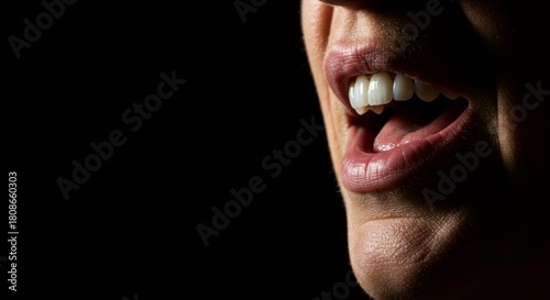 Striking close-up of a woman's open mouth emphasizing dental health on a dark background