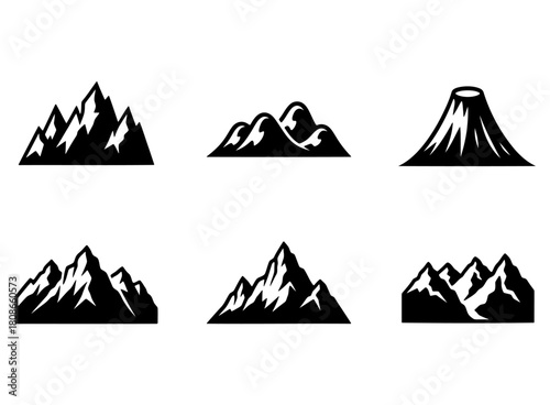 Mountains Silhouette Set Volcanic Peaks, Jagged Ridges, and Undulating Hills in Vector Format