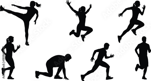 Athletic silhouette vector set, running and jumping poses, fitness motion icons, exercise illustration, black dynamic figure collection, sports action