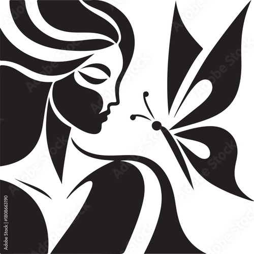 Fashionable silhouette vector art illustration of a woman's profile face and hairstyle with a flower in her black hair, perfect for a logo design icon