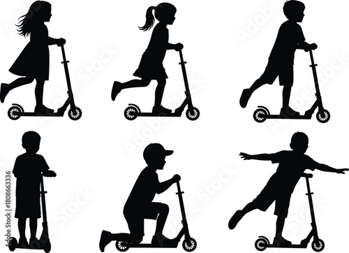 Children riding kick scooters silhouette, playful movement vector, outdoor activity icons, childhood fun illustration, energetic pose collection, black graphic set