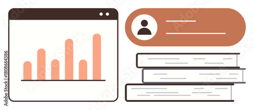 Bar chart in a browser window, user profile details, and stacked books, representing data analysis, learning, and personal growth. Ideal for education, technology, analytics training research