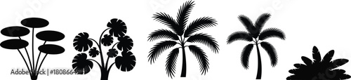 Tropical plant and palm tree silhouettes vector collection, diverse foliage shapes for design, natural themes, and exotic landscape assets.