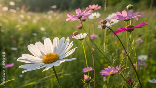 Fototapeta Naklejka Na Ścianę i Meble -  Daisy in a sunlit wildflower meadow