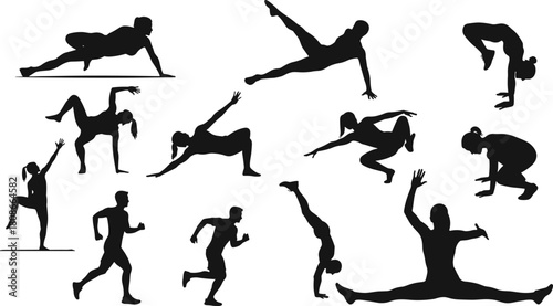 Fitness and gymnastics silhouette vector, athletic movement poses, exercise illustration set, black dynamic figure collection, body flexibility icons