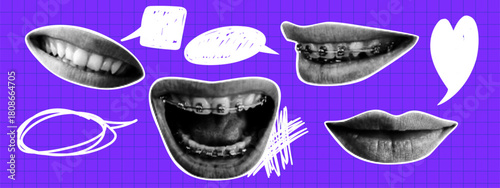 Dotted pop art mouth and lips set with speech bubbles. Retro halftone style. 