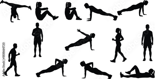 Fitness exercise silhouette collection, bodyweight workout poses, gym training icons, active lifestyle movements, health and wellness vector illustration set