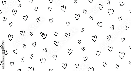 A charming and whimsical pattern of numerous hand-drawn black heart outlines scattered randomly across a clean white background, evoking love and affection.