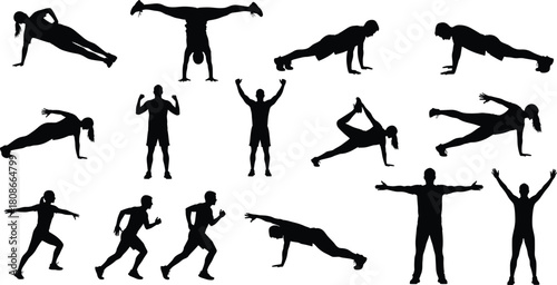 Fitness exercise silhouette vector set, body movement poses, workout illustration, black athletic icons, stretching, planking, push-up collection