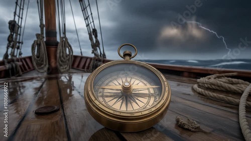A vintage brass compass resting on the wooden deck of a sailing ship during a stormy day at sea