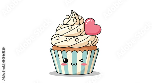 Sweet cartoon cupcake illustration with a charming winking face, striped wrapper, swirled cream frosting, decorative sprinkles, and a lovely pink heart.