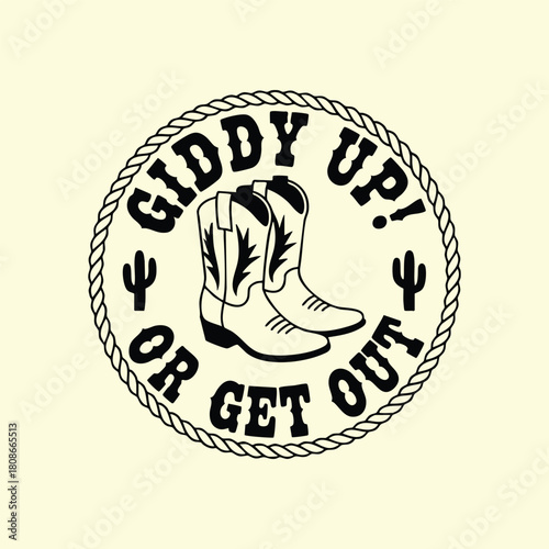 Rope Border Cowboy Logo, "Giddy Up" Western Typography Design, Rustic Cowboy Boots Emblem