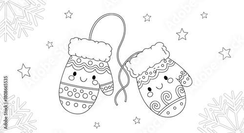 Cute cartoon mittens with happy faces, connected by a string, in a winter scene with snowflakes and stars, perfect for a children's coloring page.