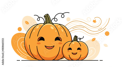 Sweet cartoon illustration of two happy pumpkins, a parent and child, smiling warmly amidst stylized autumn leaves and gentle wind swirls.