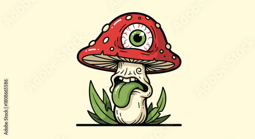 A whimsical cartoon illustration depicting a red mushroom with a prominent green eyeball, a goofy face, and a long, green tongue.