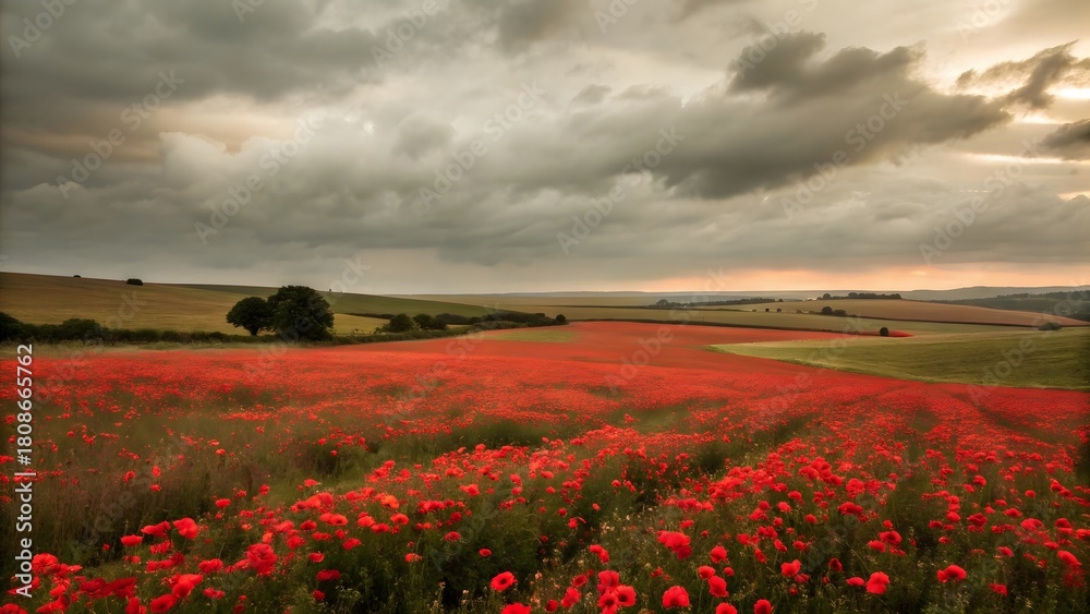 Fototapeta premium Poppy field landscape with cloudy sky