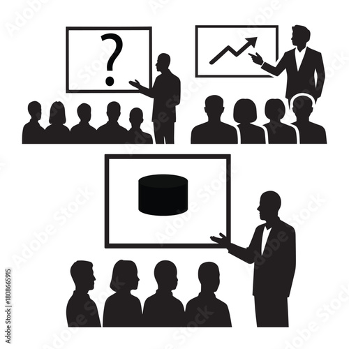 Black silhouette startup scenes showing inquiry, growth, and product focus with attentive viewers