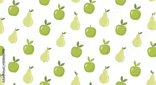 Seamless pattern with fresh green apples and light green pears on a white background, perfect for textiles or digital designs.