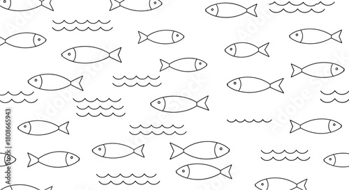 A playful, hand-drawn black and white pattern featuring numerous simple cartoon fish swimming amidst various wavy lines, creating a charming marine-themed doodle.