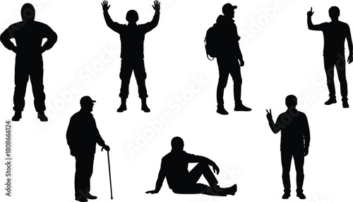 Human gesture silhouette vector set, standing and sitting poses, body language icons, black figure illustration, posture and action graphic