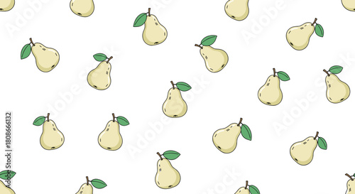 Hand-drawn cute pears with green leaves creating a fun and fresh seamless pattern on a clean white background.