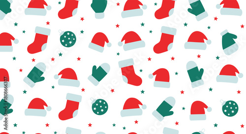 Festive Christmas seamless pattern with Santa hats, stockings, mittens, and ornaments, adorned with red and green stars on a white background.