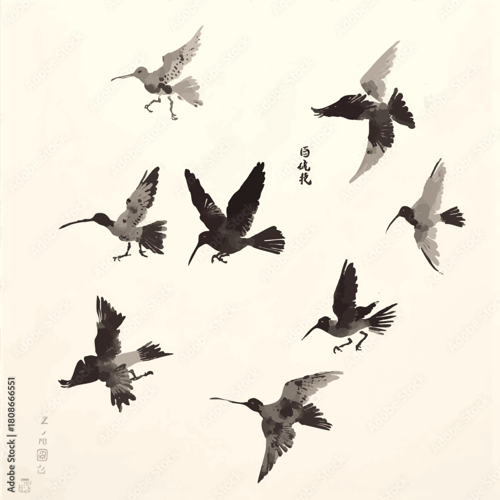 Fototapeta premium Set of bue ink wash paintings of various birds in flight on white background. Traditional oriental ink painting sumi-e, u-sin, go-hua. Hieroglyph - happiness